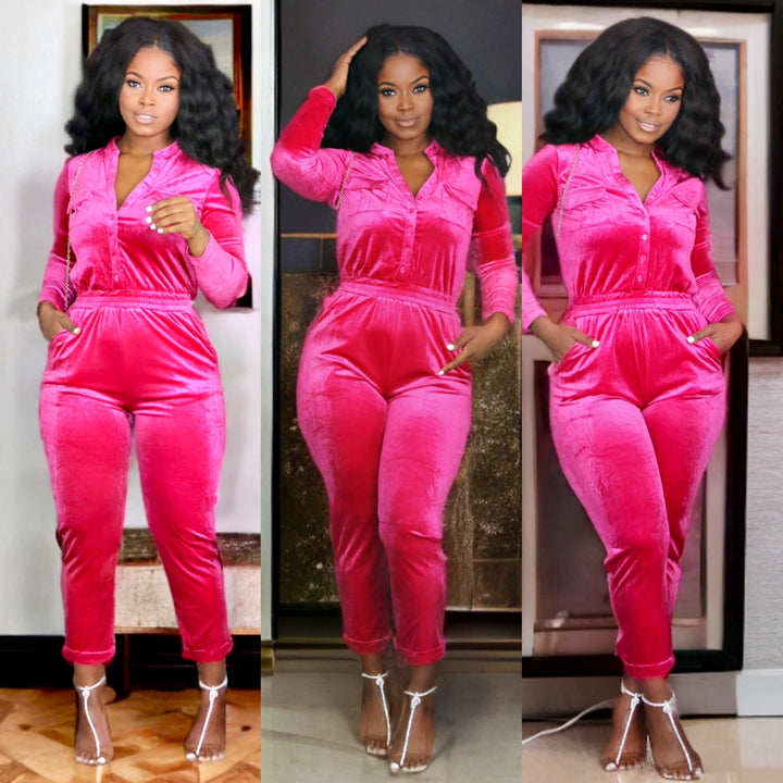 Classy Gal Velour Jumpsuit Pink