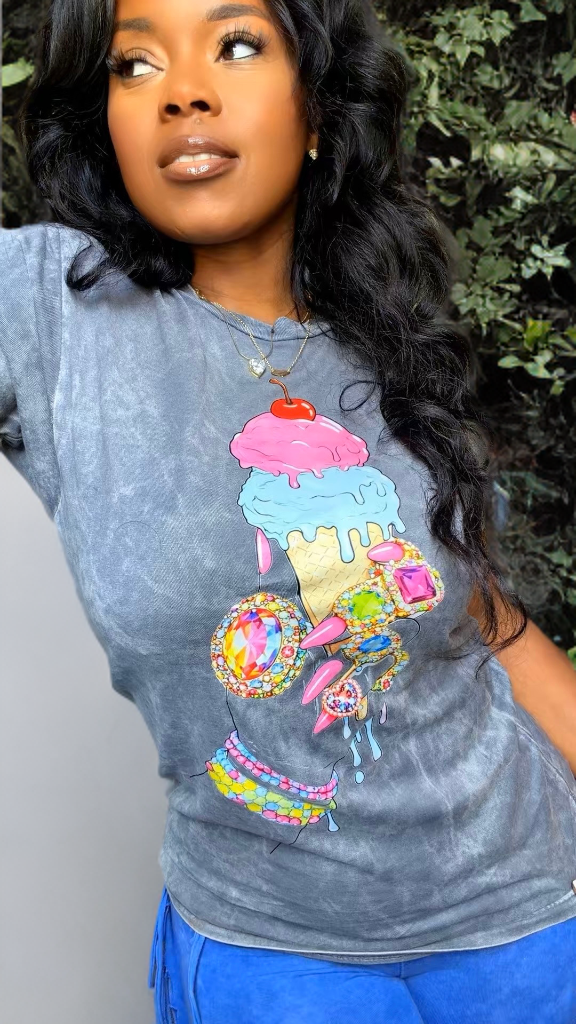 Glammed  Jeweled Icecream  Tee (washed grey)
