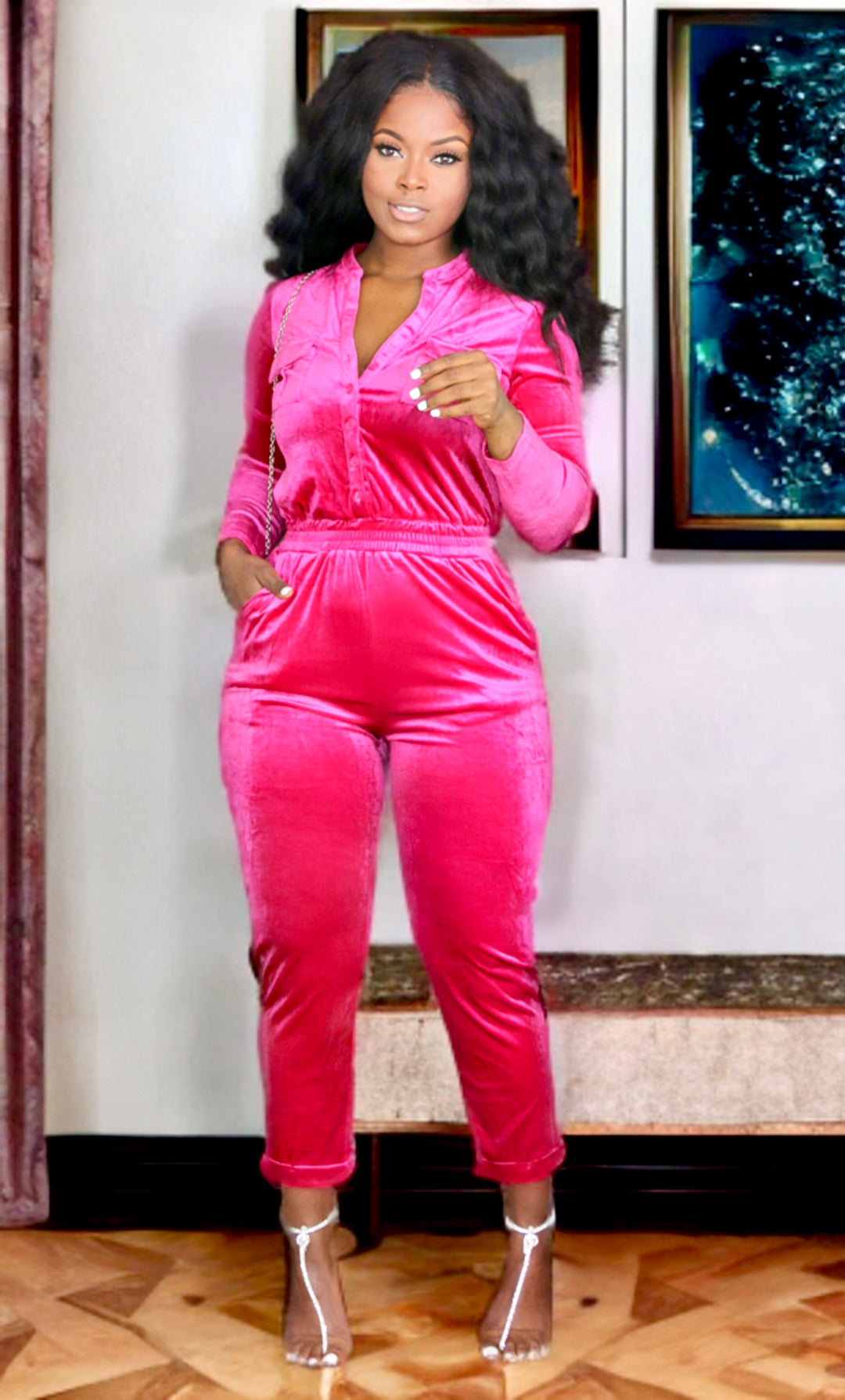 Classy Gal Velour Jumpsuit Pink
