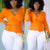Solid V Neck Puff Shoulder Long Sleeve Knit Top Orange