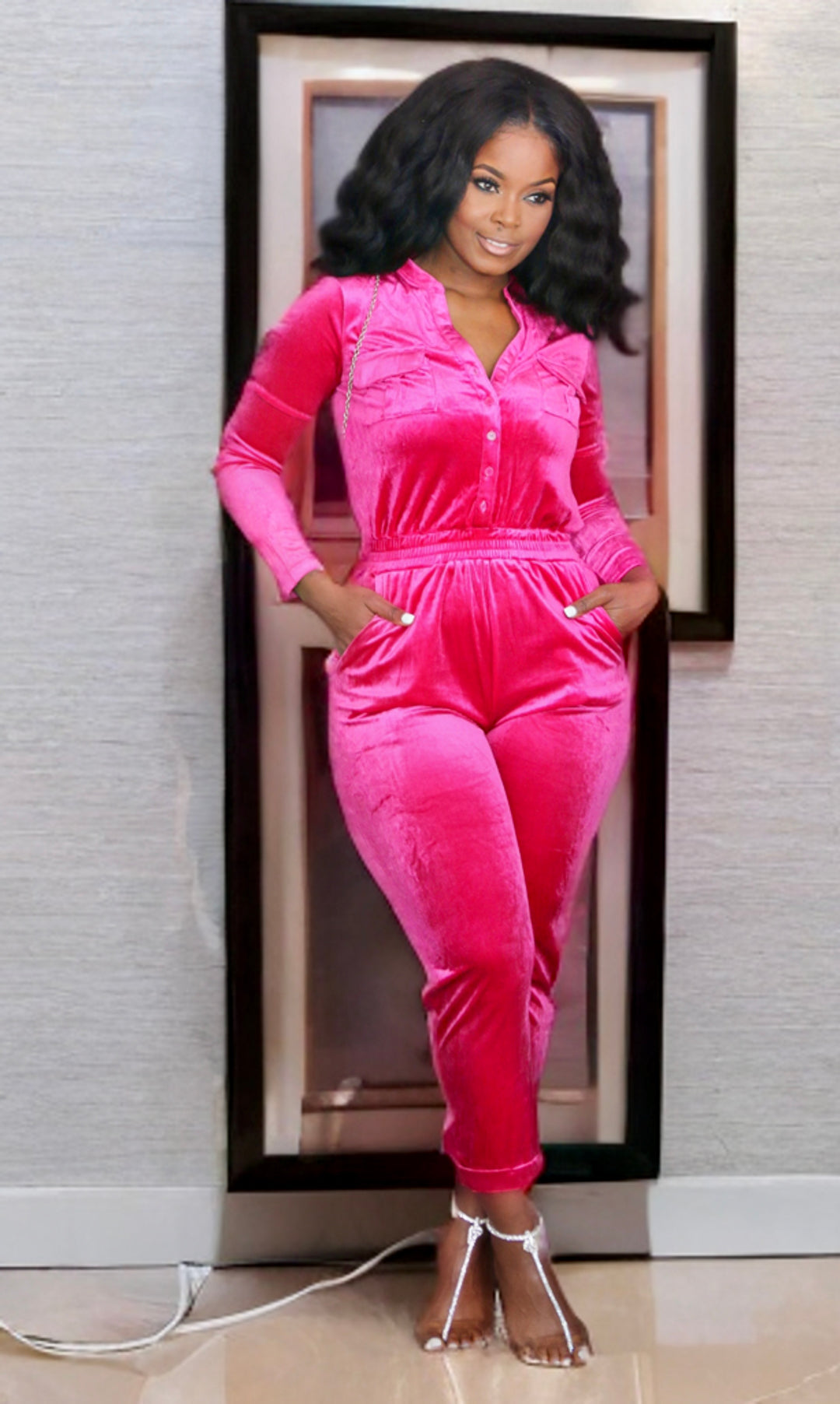 Classy Gal Velour Jumpsuit Pink