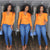 Solid V Neck Puff Shoulder Long Sleeve Knit Top Orange