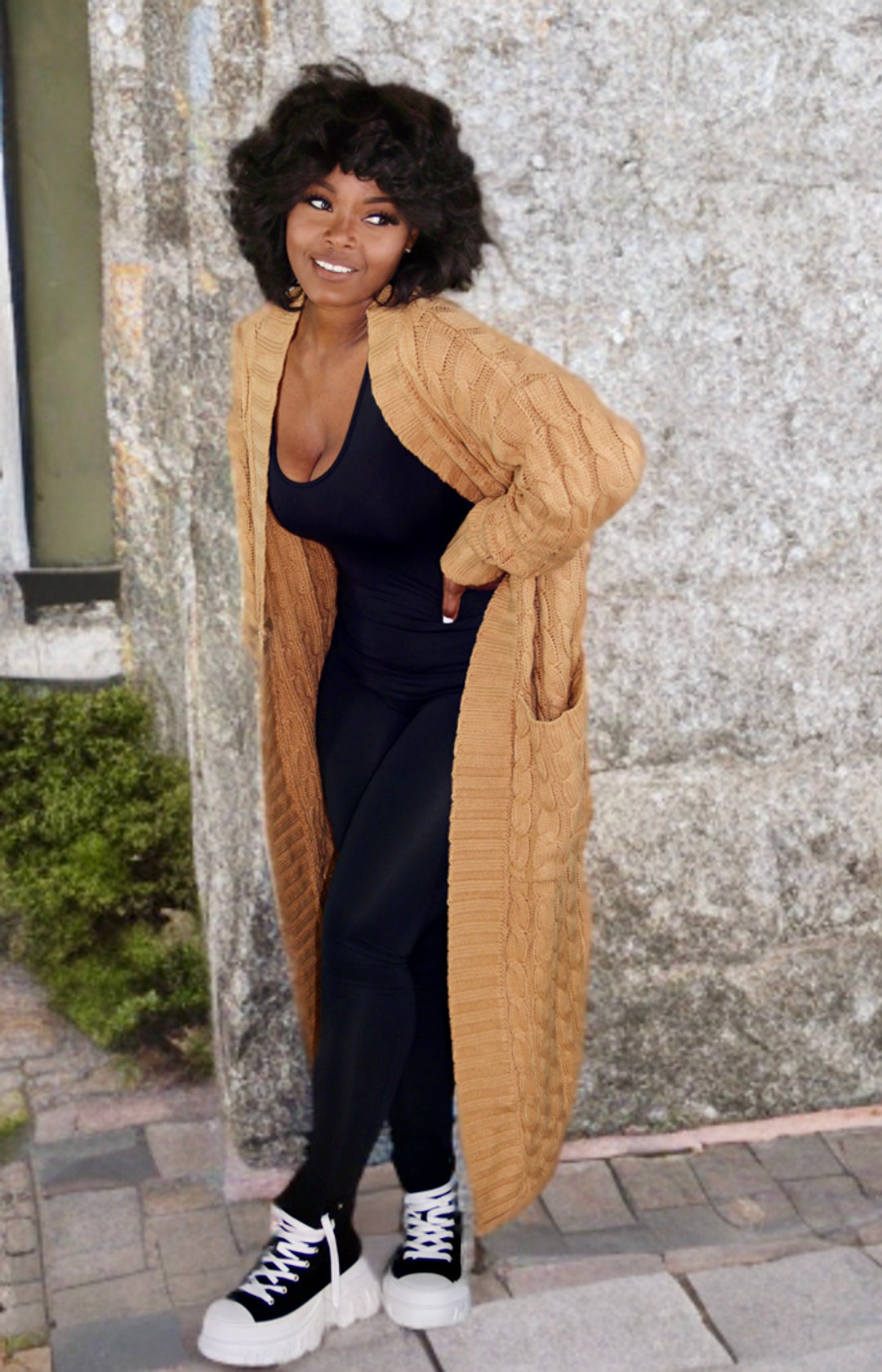 OVERSIZED MAXI CABLE KNITTED SWEATER CARDIGAN Tan
