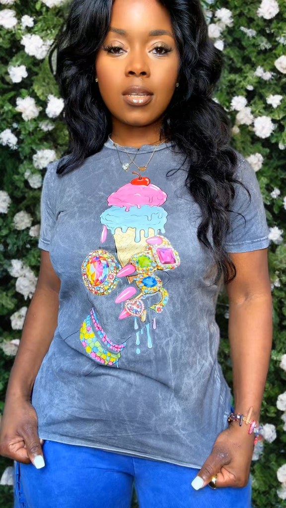 Glammed  Jeweled Icecream  Tee (washed grey)