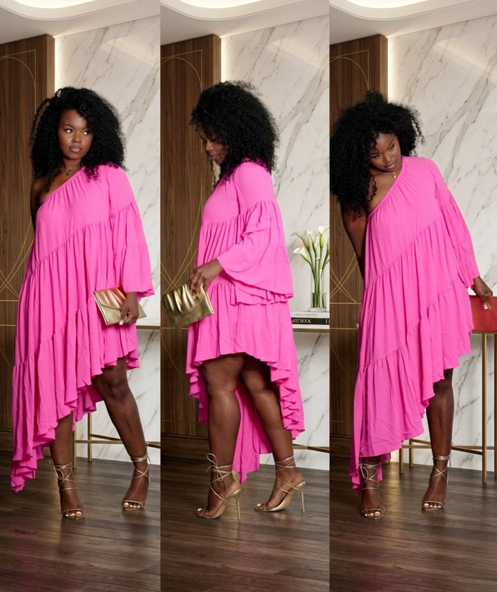 Goddess One-Shoulder High-Low Ruffle Maxi Dress two colors