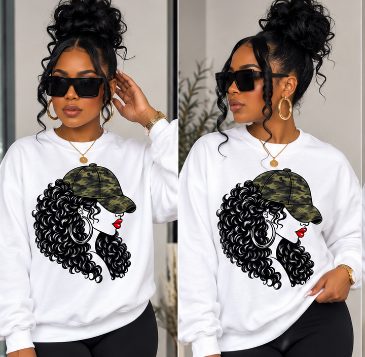 Camo Hat Girl/ Red Lipstick Crewneck