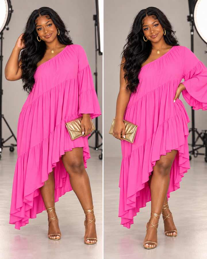 Goddess One-Shoulder High-Low Ruffle Maxi Dress two colors