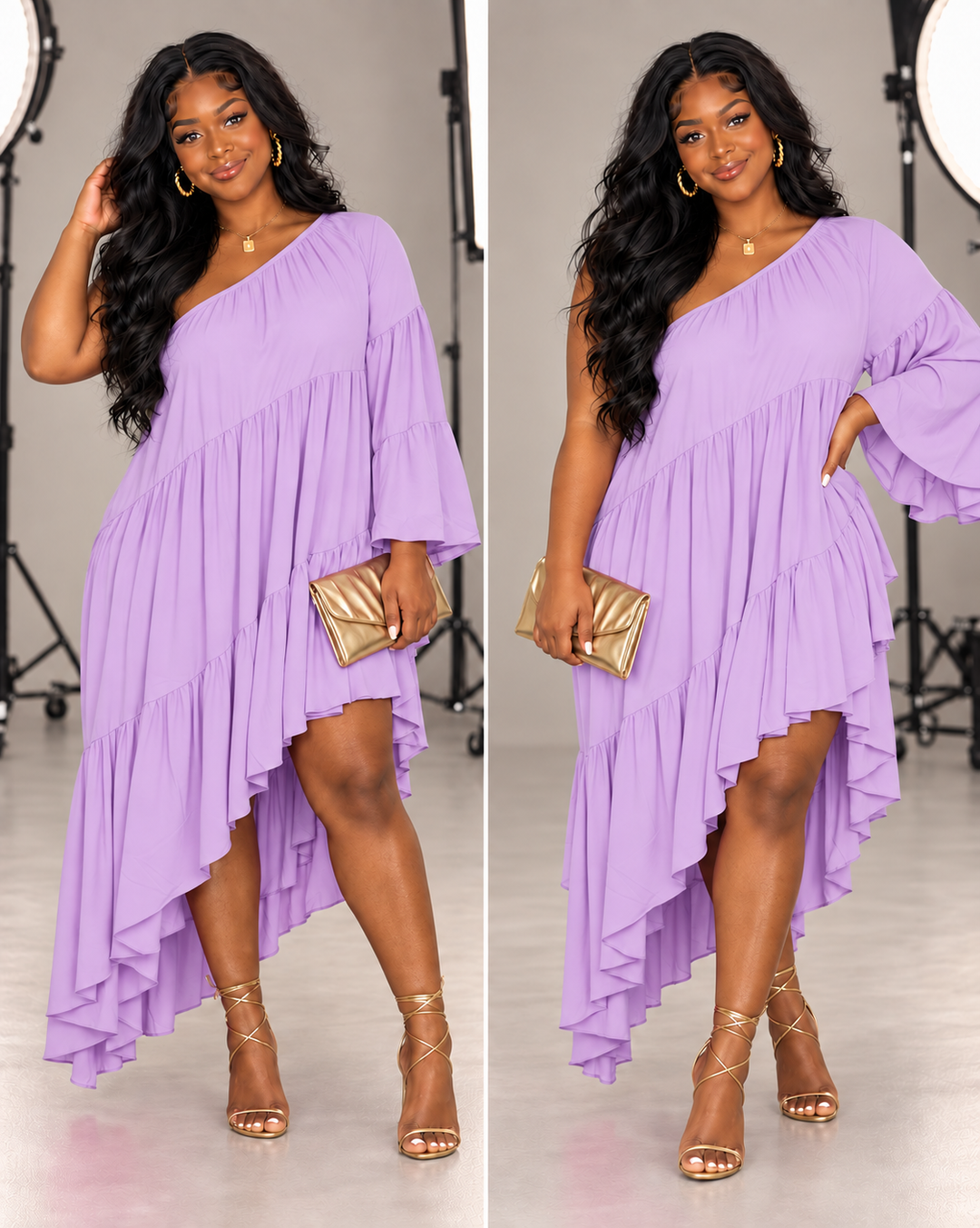 Goddess One-Shoulder High-Low Ruffle Maxi Dress two colors