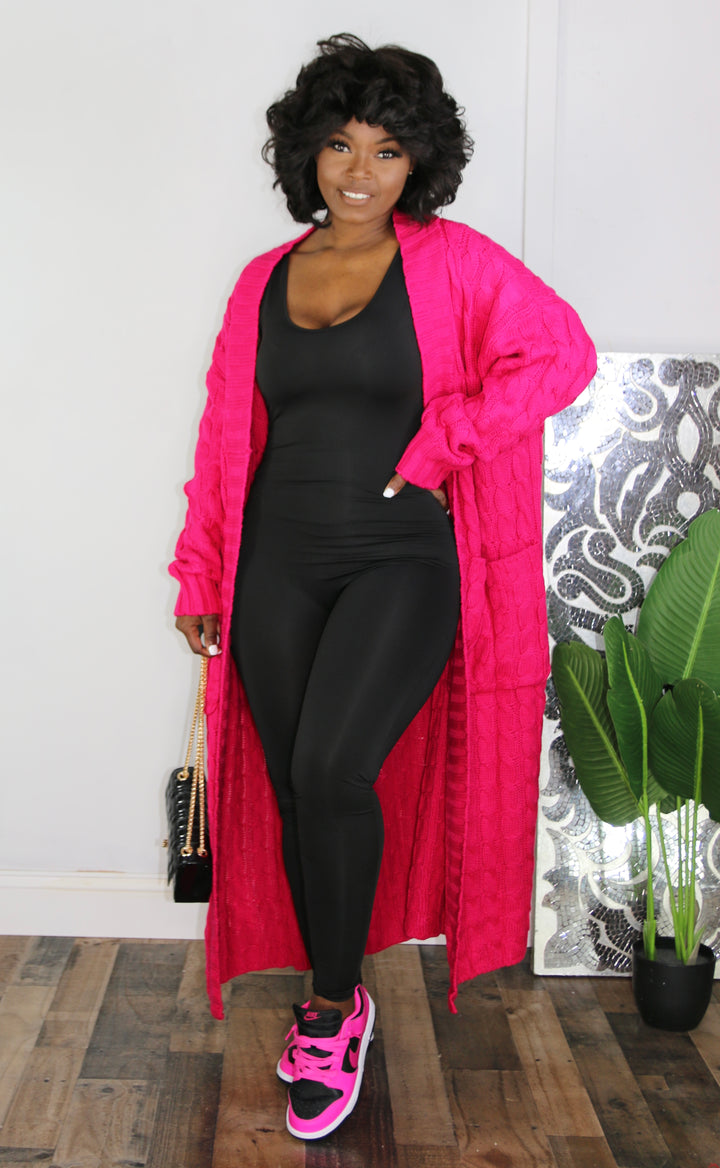 OVERSIZED MAXI CABLE KNITTED SWEATER CARDIGAN Pink